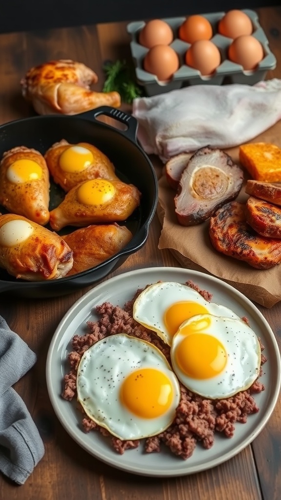 A budget-friendly carnivore meal with ground beef, fried eggs, chicken thighs, and pork shoulder on a rustic table.